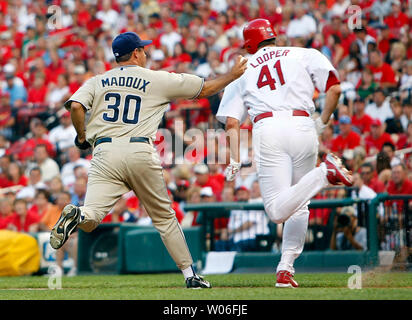 San Diego Padres  pitcher Greg Maddux chases down St. Louis Cardinals pitcher Braden Looper for the tag during a sacrifice play in the second inning at Busch Stadium in St. Louis on July 18, 2008. St. Louis won the game 11-7.  (UPI Photo/Bill Greenblatt) Stock Photo