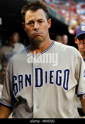 San Diego Padres starting pitcher Greg Maddux makes his way through the dugout to the field in the third inning at Busch Stadium in St. Louis on July 18, 2008.  (UPI Photo/Bill Greenblatt) Stock Photo