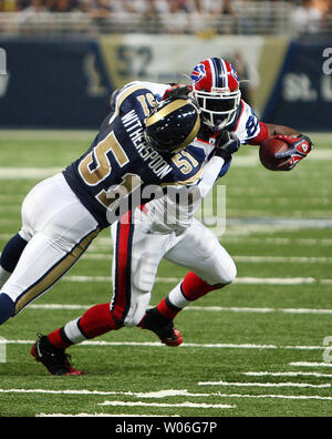 St. Louis Rams Will Witherspoon (51) tries to grab hold of Buffalo Bills  Marshawn Lynch during the first quarter at the Edward Jones Dome in St.  Louis on September 28, 2008. (UPI