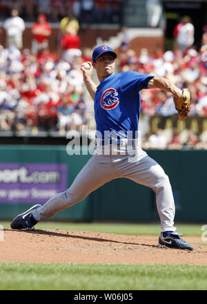 Chicago Cubs starting pitcher Rich Harden delivers a pitch to the St. Louis Cardinals in the third inning at Busch Stadium in St. Louis on April 26, 2009. (UPI Photo/Bill Greenblatt) Stock Photo