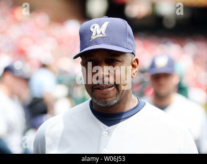 Milwaukee Brewers coach Willie Randolph walks in the dugout during a game against the St. Louis Cardinals at Busch Stadium in St. Louis on May 16, 2009. Milwaukee won the game 1-0.   (UPI Photo/Bill Greenblatt) Stock Photo