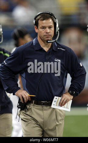 Seattle Seahawks head football coach Jim Mora paces the sidelines during the fourth quarter against the St. Louis Rams at the Edward Jones Dome in St. Louis on November 29, 2009.  Seattle won the game 27-17.   UPI/Bill Greenblatt Stock Photo