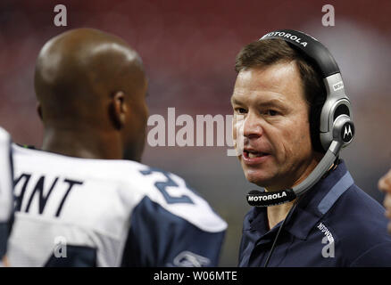 Seattle Seahawks head football coach Jim Mora talks with Marcus Trufant during a time out in the fourth quarter against the St. Louis Rams at the Edward Jones Dome in St. Louis on November 29, 2009.  Seattle won the game 27-12.     UPI/Bill Greenblatt Stock Photo