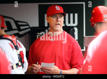 St. Louis Cardinals hitting coach Mark McGwire makes notes during a game against the Florida Marlins at Busch Stadium in St. Louis on May 20, 2010.   UPI Photo/Bill Greenblatt Stock Photo