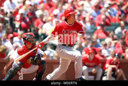 Los Angeles Angels Hideki Matsui of Japan hits a two run RBI single to right field during the third inning Busch Stadium in St. Louis on May 22, 2010. Los Angeles won the game 10-7.   UPI Photo/Bill Greenblatt Stock Photo