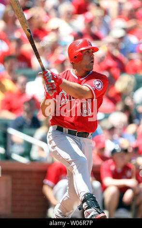 Los Angeles Angels Kendry Morales swings for an RBI double during the third inning against the St. Louis Cardinals at Busch Stadium in St. Louis on May 22, 2010. Los Angeles won the game 10-7.   UPI Photo/Bill Greenblatt Stock Photo