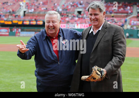 St. Louis Cardinals broadcast team members Jay Randolph (L) and Mike Shannon have fun during retirement ceremonies for Randolph before the Colorado Rockies - St. Louis Cardinals baseball game at Busch Stadium in St. Louis on October 2, 2010. Randolph has retired from the Cardinals broadcasts. Randolph worked for NBC Sports television in the 1970s and '80s, announcing a wide variety of events including the National Football League, Major League Baseball, college football, college basketball, PGA Tour and LPGA golf, the Professional Bowlers Association, and three Olympic Games and the Breeders' Stock Photo