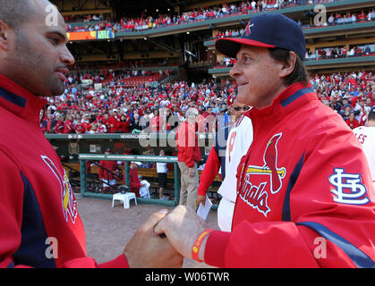 L to R) St. Louis Cardinals manager Mike Schildt, former St. Louis  Cardinals center fielder Jim Edmonds, former St. Louis Cardinals first  baseman, Los Angeles Angels Albert Pujols, St. Louis Cardinals broadcaster