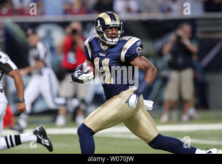 St. Louis Rams Brandon Gibson looks around as he takes the first play of the game 83 yards for a touchdown against the Tennessee Titan  in the first quarter at the Edward Jones Dome in St. Louis on August 20, 2011.  UPI/Bill Greenblatt Stock Photo