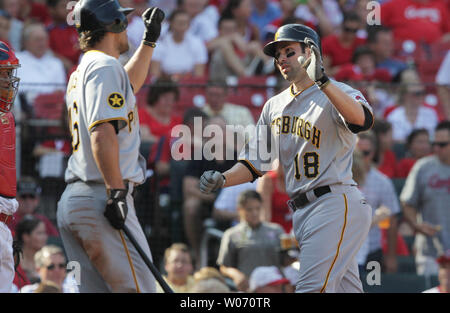 Pittsburgh Pirates Neil Walker (18) is congratulated by Garrett Jones after hitting a solo home run in the fifth inning against the St. Louis Cardinals at Busch Stadium in St. Louis on August 27, 2011. Pittsburgh won the game 7-0.   UPI/Bill Greenblatt Stock Photo