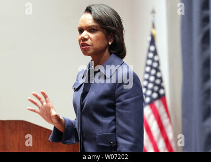 Former Secretary of State Condoleezza Rice speaks to a crowd of military personel during a visit to US Transcom on the Scott Air Force Base in Scott Air Force Base, Illinois on November 11, 2011. UPI/Bill Greenblatt Stock Photo