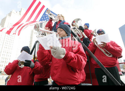 Members of the Salvation Army Band play music on their float during the Christmas in St. Louis Parade in St. Louis on November 24, 2011. UPI/Bill Greenblatt Stock Photo