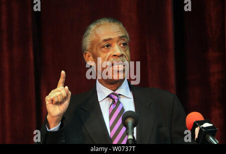 Reverend Al Sharpton makes a point while speaking on voting rights and protecting constitutional freedoms during a program at Harris Stowe State University in St. Louis on March 16, 2012.  UPI/Bill Greenblatt Stock Photo