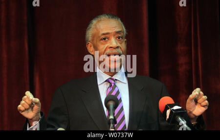 Reverend Al Sharpton makes a point while speaking on voting rights and protecting constitutional freedoms during a program at Harris Stowe State University in St. Louis on March 16, 2012.  UPI/Bill Greenblatt Stock Photo