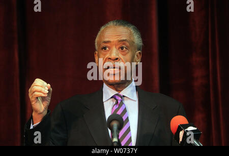 Reverend Al Sharpton makes a point while speaking on voting rights and protecting constitutional freedoms during a program at Harris Stowe State University in St. Louis on March 16, 2012.  UPI/Bill Greenblatt Stock Photo