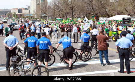 St. Louis Police wait to reroute members of Occupy St. Louis as they try to gain entry to the St. Louis St. Patricks Day Parade in St. Louis on March 17, 2012. Occupy St. Louis has been the home of the Occupy Midwest meetings and rallys this past week. UPI/Bill Greenblatt Stock Photo