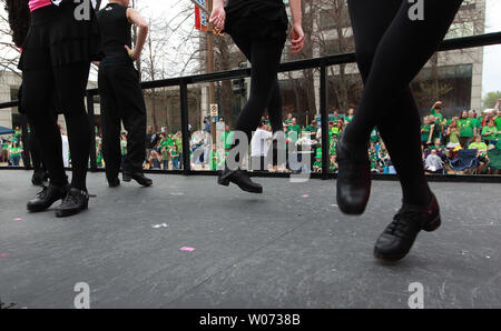 Dancers from the Clark Academy of Irish Dance perform during the St. Louis St. Patricks Day Parade in St. Louis on March 17, 2012. Thousands showed up as temperatures reached the lower 80's. UPI/Bill Greenblatt Stock Photo