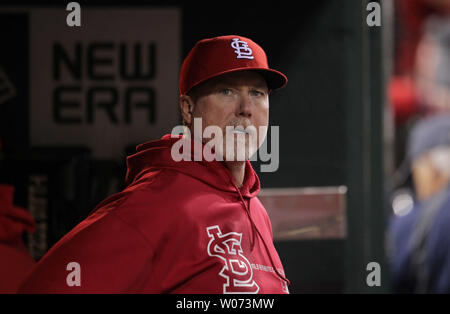 St. Louis Cardinals hitting coach Mark McGwire watches the action against the Milwaukee Brewers from the dugout at Busch Stadium in St. Louis on April 27, 2012. UPI/Bill Greenblatt Stock Photo