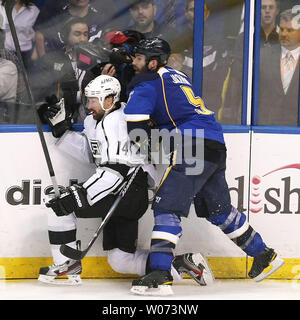 St. Louis Blues Barret Jackman (5) checks the Los Angeles Kings Justin Williams (14) during the third period in game one of the Conference Semifinals of the Stanley Cup Playoffs at the Scottrade Center in St. Louis on April 28, 2012.  UPI/John Boman Stock Photo