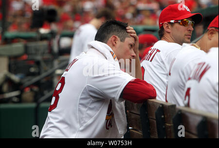 St. Louis Cardinals starting pitcher Joe Kelly reflects on his performance after being removed from the game in the seventh inning against the New Yotk Mets at Busch Stadium in St. Louis on September 3, 2012.     UPI/Bill Greenblatt Stock Photo