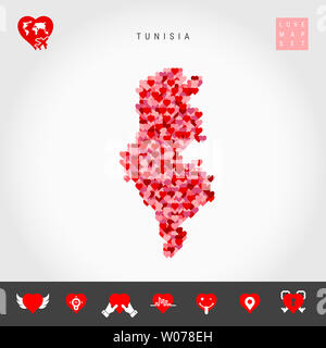 I Love Tunisia. Red and Pink Hearts Pattern Map of Tunisia Isolated on Grey Background. Love Icon Set. Stock Photo