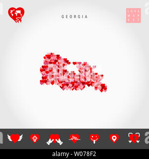 I Love Georgia. Red and Pink Hearts Pattern Map of Georgia Isolated on Grey Background. Love Icon Set. Stock Photo