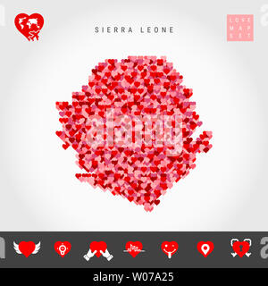 I Love Sierra Leone. Red and Pink Hearts Pattern Map of Sierra Leone Isolated on Grey Background. Love Icon Set. Stock Photo