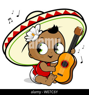 Illustration of a happy mariachi baby girl playing the guitar and singing. Stock Photo