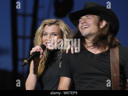 Kimberly Perry of the Band Perry has fun performing on stage with brother Neil during the V.P. Fair in St. Louis on July 3, 2014. UPI/Bill Greenblatt Stock Photo