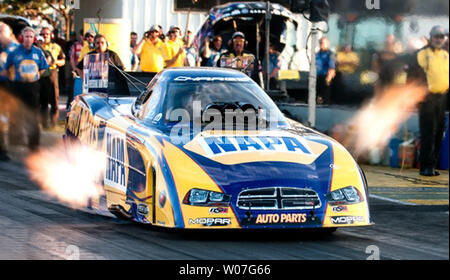 Funny Car driver Ron Capps in the Napa Auto Parts Dodge from Carlsbad, Calif drives in the AAA Insurance NHRA Midwest Nationals at Gateway Motorsports Park in Madison Illinois on September 27 2014. UPI/Bill Gutweiler Stock Photo