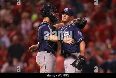 San Padres Padres catcher Austin Hedges embraces pitcher Craig Kimbrel after the third out and a 5-3 win over the St. Louis Cardinals in 11 innings at Busch Stadium in St. Louis on July 2, 2015. Photo by Bill Greenblatt/UPI Stock Photo