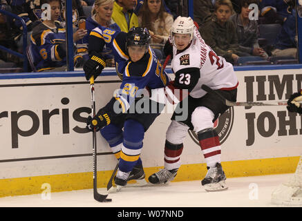 St. Louis Blues Alexander Steen works the puck away from Arizona Coyotes Kyle Oliver Ekman-Larsson in the first period at the Scottrade Center in St. Louis on December 8, 2015. Photo by Bill Greenblatt/UPI Stock Photo