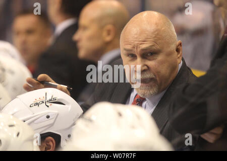 Washington Capitals head coach Barry Trotz talks to his players during the first period against the St. Louis Blues at the Scottrade Center in St. Louis on April 9, 2016. Photo by Bill Greenblatt/UPI Stock Photo