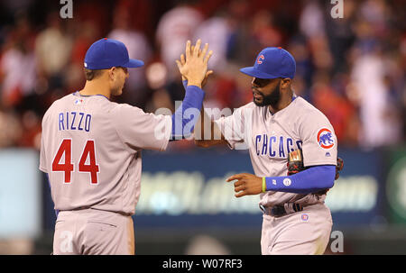 Chicago Cubs Justin Heyward  (R) slaps hands with Anthony Rizzo after a 5-0 win over the St. Louis Cardinals  at Busch Stadium in St. Louis on April 18, 2016.  Photo by Bill Greenblatt/UPI Stock Photo