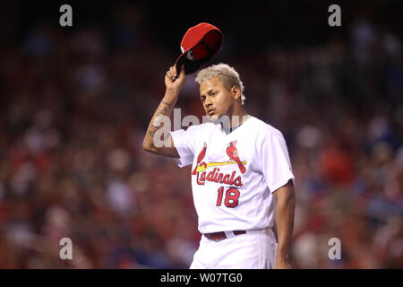 St. Louis Cardinals starting pitcher Carlos Martinez tips his cap as he leaves the game against the Kansas City Royals in the seventh inning at Busch Stadium in St. Louis on June 29, 2016.    Photo by Bill Greenblatt/UPI Stock Photo