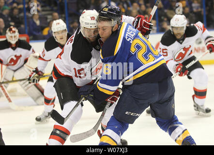 St. Louis Blues Paul Stastny faces off against New Jersey Devils Travis Zajac in the first period at the Scottrade Center in St. Louis on December 15, 2016.  Photo by Bill Greenblatt/UPI Stock Photo
