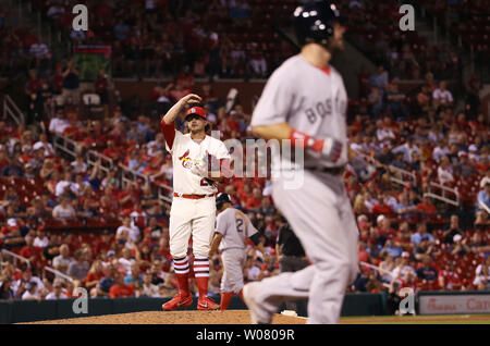 St. Louis Cardinals pitcher Brett Cecil loads the bases with Boston Red Sox players in the eighth inning at Busch Stadium in St. Louis on May 16, 2017. Boston defeted St. Louis 6-3.   Photo by Bill Greenblatt/UPI Stock Photo