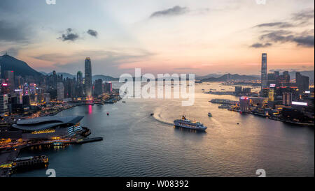 Aerial of Victoria Harbor, Hong Kong, China. Stock Photo