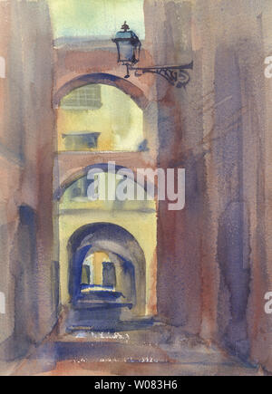 Old town sketch in sepia watercolor background. Vintage illustration Stock Photo
