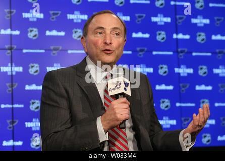 National Hockey League Commissioner Gary Bettman speaks to reporters before the Colorado Avalanche-St. Louis Blues hockey game at the Scottrade Center in St. Louis on February 8, 2018.    Photo by Bill Greenblatt/UPI Stock Photo