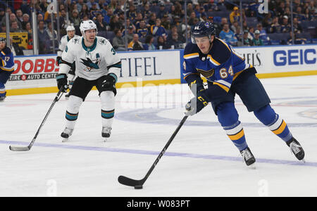 St. Louis Blues' Sammy Blais handles the puck during the second period of  an NHL hockey game against the Arizona Coyotes Tuesday, Feb. 2, 2021, in  St. Louis. (AP Photo/Jeff Roberson Stock