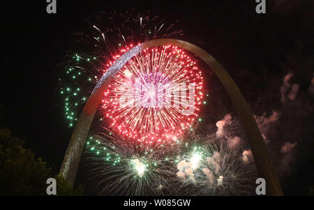 Fireworks illuminate the Gateway Arch during the last night of Fair St. Louis in St. Louis on ...
