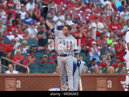 Los Angeles Dogers David Freeze gets an ovation as he comes to bat in the first inning against the St. Louis Cardinals at Busch Stadium in St. Louis on September 13, 2018. Freeze was a member of the World Champion St. Louis Cardinals in 2011.   Photo by Bill Greenblatt/UPI Stock Photo