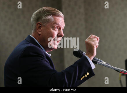 U.S. Senator Lindsey Graham (R-SC) speaks to a room of supporters for Missouri Attorney General Josh Hawley in Chesterfield, Missouri on October 29, 2018. Hawley is running for the U.S. Seante seat now held by Claire McCaskill. The U.S. Senate race in Missouri is considered to be one of the most costly and tighest in the United States. Photo by Bill Greenblatt (UPI) Stock Photo