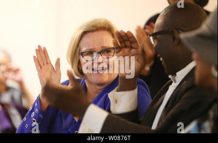 U.S. Senator Claire McCaskill claps as she approves of one of the speakers remarks during one of her last fundraisers in St. Louis on November 4, 2018. McCaskill is taking on Missouri Attorney General Josh Hawley is a tightly contested race in Missouri, considered to be a tie at this point and one of the most expensive Senate races in the country. McCaskill, a democrat, has been in the U.S. Senate for 12 years. Photo by Bill Greenblatt/UPI Stock Photo