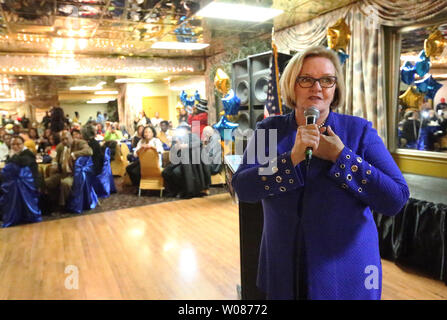 U.S. Senator Claire McCaskill makes her remarks during one of her last fundraisers in St. Louis on November 4, 2018. McCaskill is taking on Missouri Attorney General Josh Hawley is a tightly contested race in Missouri, considered to be a tie at this point and one of the most expensive Senate races in the country. McCaskill, a democrat, has been in the U.S. Senate for 12 years. Photo by Bill Greenblatt/UPI Stock Photo