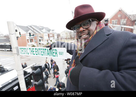 Cedric Antonio Kyles, better known by his stage name, Cedric the Entertainer, gives a thumbs up after unveiling a street sign, renaming a street in his honor in St. Louis on December 15, 2018. Kyles went to high school in the area and spent many of his formative years performing in St. Louis.   Photo by Bill Greenblatt/UPI Stock Photo