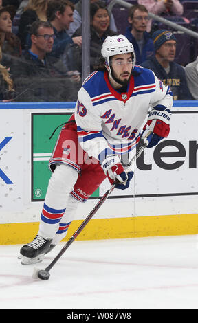 New York Rangers Mika Zibanejad of Sweden brings the puck up ice against the St. Louis Blues in the first period at the Enterprise Center in St. Louis on December 31, 2018. Photo by Bill Greenblatt/UPI Stock Photo