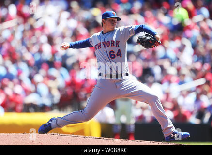 New Yotk Mets starting pitcher Chris Flexen delivers a pitch to the St. Louis Cardinals in the second inning at Busch Stadium in St. Louis on April 20, 2019. Photo by Bill Greenblatt/UPI Stock Photo