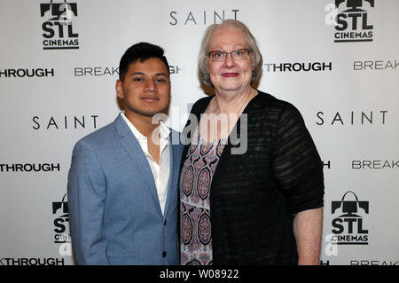 John Smith, the person who the movie "Breakthrough" was based on, and mother Joyce, appear at the Chase Park Plaza Hotel theater for the premier showing of the movie in St. Louis on April 17, 2019. In January 2015, Smith, who was 14 years old, fell through a frozen lake in St. Charles, Missouri, and remained submerged for 15 minutes. Emergency workers pulled him from frozen waters with no pulse and worked on him for 45 minutes before bringing him back to life.     Photo by Bill Greenblatt/UPI Stock Photo